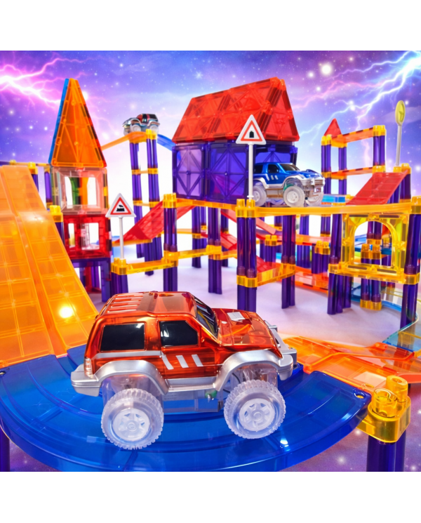 122 Pieces Racing Car Building Blocks, Educational Toys, Magnetic Tiles, 2 Truck Playset