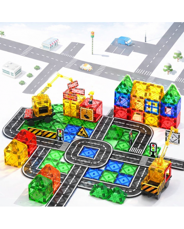 Magnetic Construction Set 63 pcs with Crane and Traffic Signs Toys